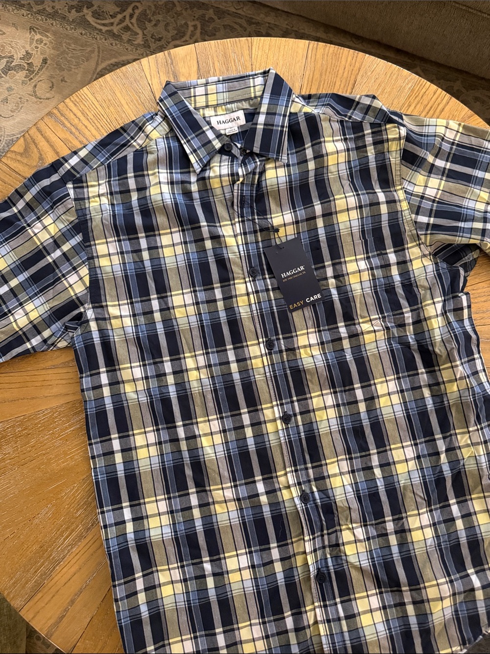 Haggar Men's Navy, Yellow and White Plaid Short-Sleeve Button-Down Shirt